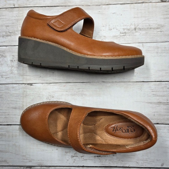 EuroSoft by Sofft Shoes - EuroSoft Franlee Mary Jane Wedge Shoe Women 7 Cognac Brown Faux Leather Platform